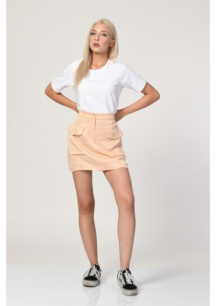 Körük Cepli Saten Mini Etek - Bej Bej - 36 modelleri