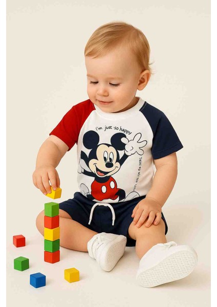 Erkek Bebek Mickey Mouse Baskılı 2’li Takım 9-24 Ay – Yazlık Kısa Kollu Tişört ve Şort