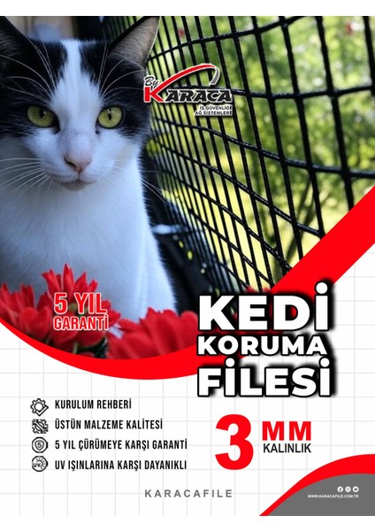 Kedi Balkon Güvenlik Filesi – 2.5 M Yükseklik | Metreyle Kesim | 3 mm Ip, 3.5x3.5 cm Göz Aralığı + Montaj Aparatları (Siyah)