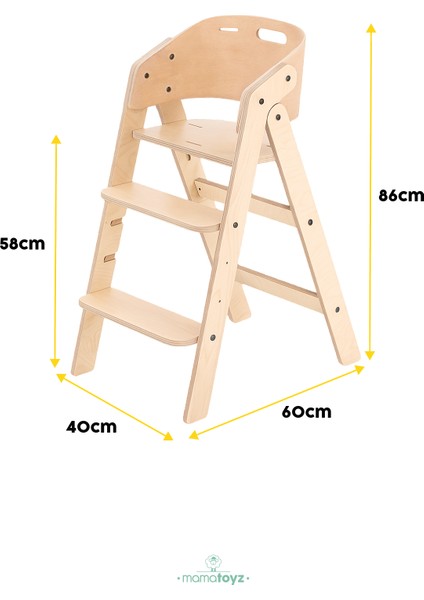 Mama Sandalyesi Ahşap - Sadece Sandalye Mychair Doğal Ahşap Renk - Aksesuarsız Only Chair - EN 14988 Mama Sandalyesi Testinine Sahiptir