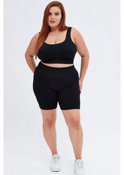 Curve Kadın Büyük Beden Fitilli Yüksek Bel Toparlayıcı Örme Biker Şort Kısa Siyah Tayt