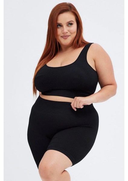 Curve Kadın Büyük Beden Fitilli Yüksek Bel Toparlayıcı Örme Biker Şort Kısa Siyah Tayt fiyatları