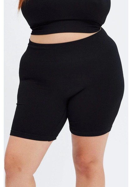 Curve Kadın Büyük Beden Fitilli Yüksek Bel Toparlayıcı Örme Biker Şort Kısa Siyah Tayt modelleri