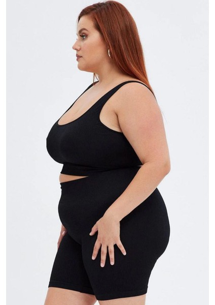 Curve Kadın Büyük Beden Fitilli Yüksek Bel Toparlayıcı Örme Biker Şort Kısa Siyah Tayt fırsatları