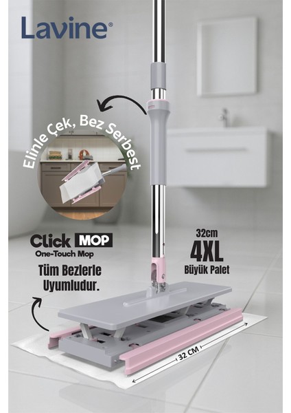 Çekçekli Temizlik Seti 8 Bezli, Asansörlü Mekanizma 32cm, Renk Gri, 4XL, Hediye Bezlerle