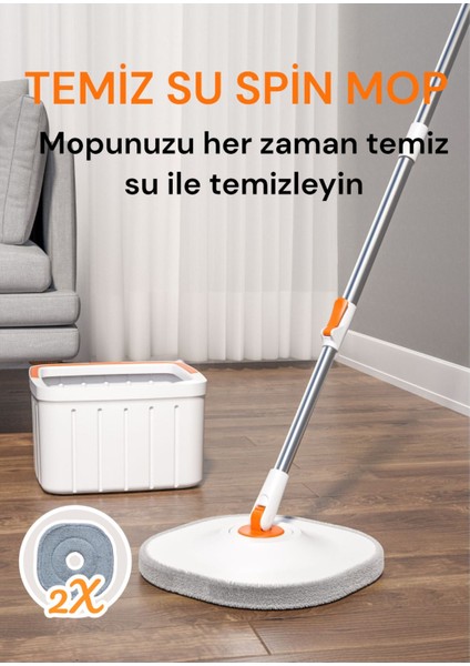 Otomatik Mikrofiber Mop Temizlik Seti, 2 Bez, Beyaz, Su Ayrımlı, Kare Başlık