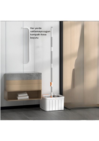 Otomatik Mikrofiber Mop Temizlik Seti, 2 Bez, Beyaz, Su Ayrımlı, Kare Başlık