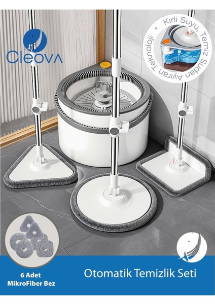 360° Döner Otomatik Temizlik Seti, 3 Başlıklı Paspas ve Mop, Pratik ve Çok Amaçlı