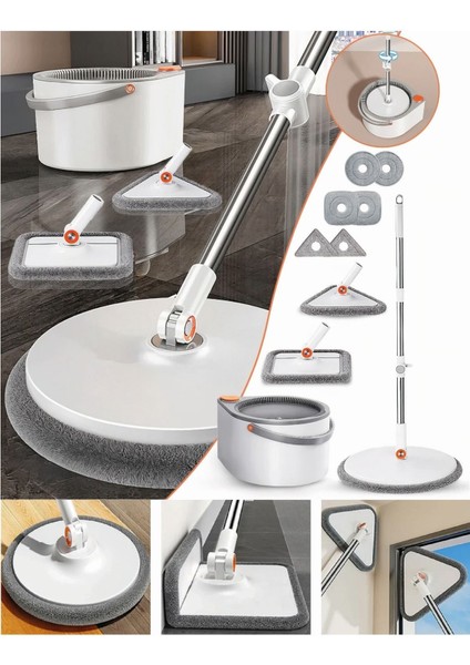 360° Döner Otomatik Temizlik Seti, 3 Başlıklı Paspas ve Mop, Pratik ve Çok Amaçlı