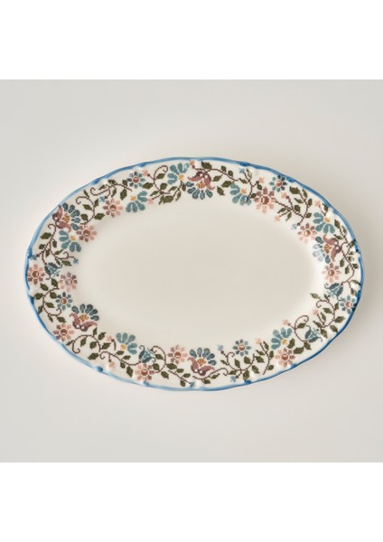 Vintage Porselen Bordürlü Kayık Tabak (30 Cm)