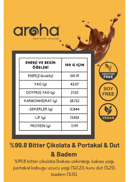 %99,8 Bitter Çikolata Kuru Dut & Badem & Portakal Uçucu Yağı - 100 gr
