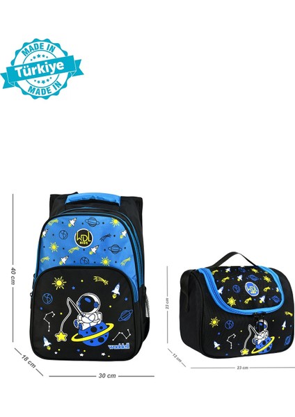 Lisanslı Astronot Desenli Ilkokul Sırt Çantası ve Astronot Desenli Termal Beslenme Çantası