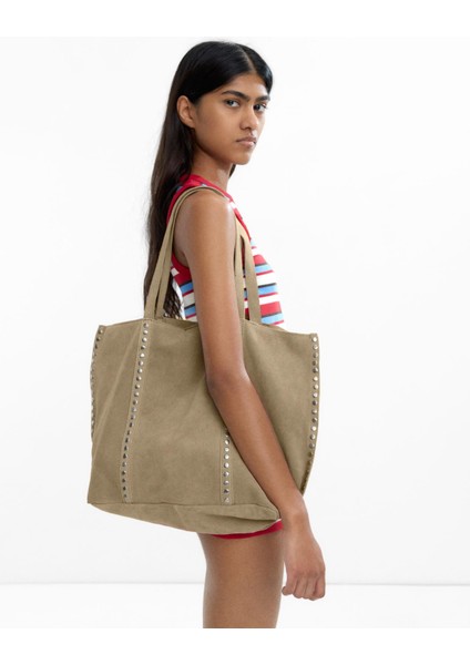 Zımba Detaylı Süet Deri Shopper Çanta