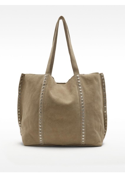 Zımba Detaylı Süet Deri Shopper Çanta