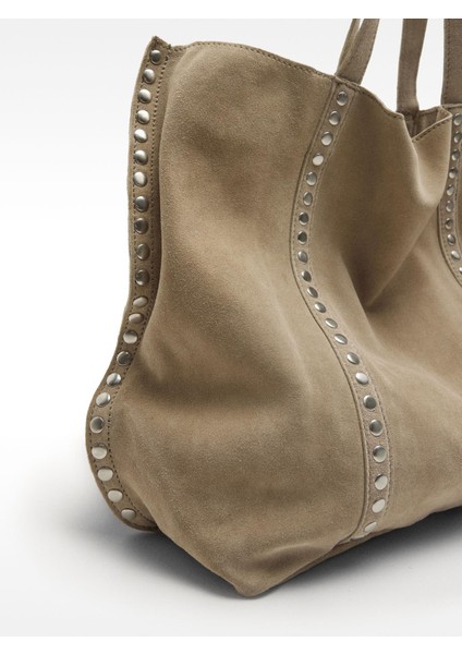 Zımba Detaylı Süet Deri Shopper Çanta