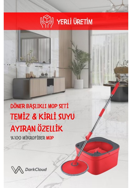 Kare Mop Seti, Kirli ve Temiz Su Ayrıcı, Antrasit Renk, Yedek Parça, Türkiye Menşei