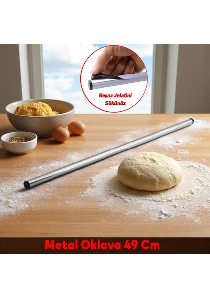 Yuvarlak Silindir Alüminyum Metal Oklava Tekli 49 cm Mutfak Börek Hamur Un Yufka Açma Krom Renk