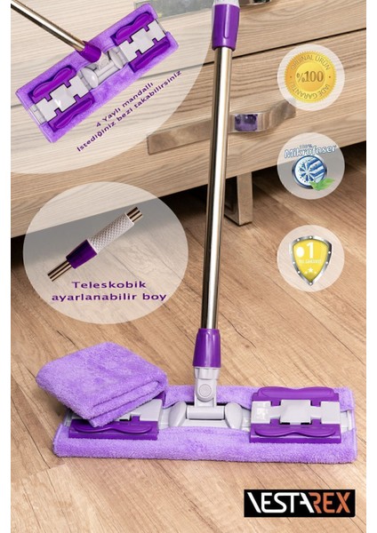 " 1 Adet Yedek Bez Hediyeli " Yer Mopu Duvar Fayans Cam Yüzey Temizlik Mikrofiber Mandallı Mop