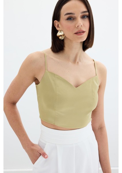 Ip Askılı Saten Crop Bluz - Olive