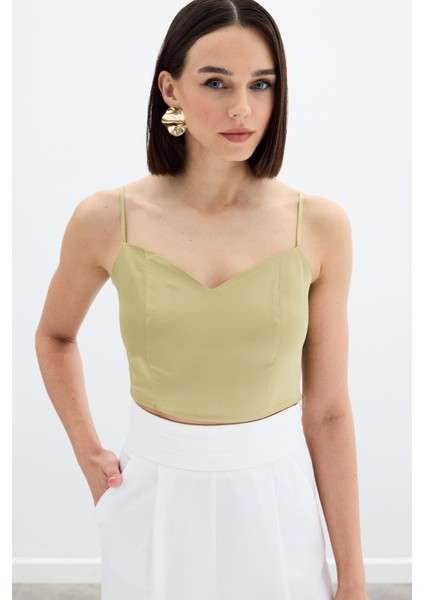 Ip Askılı Saten Crop Bluz - Olive