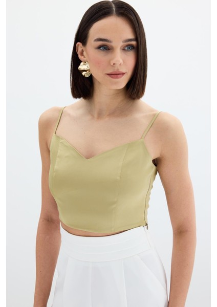 Ip Askılı Saten Crop Bluz - Olive
