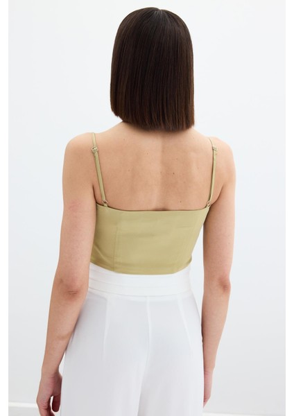 Ip Askılı Saten Crop Bluz - Olive