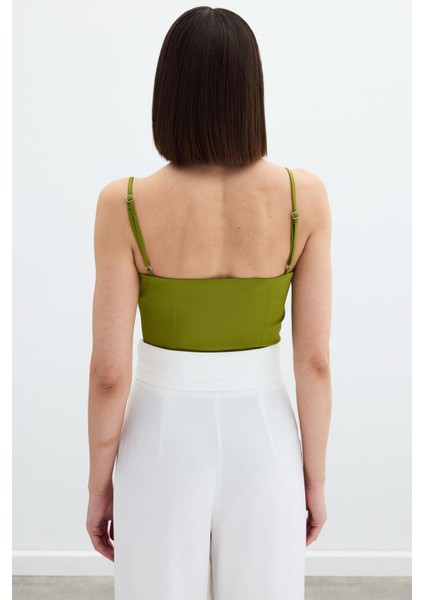 Ip Askılı Saten Crop Bluz - Yağ Yeşili