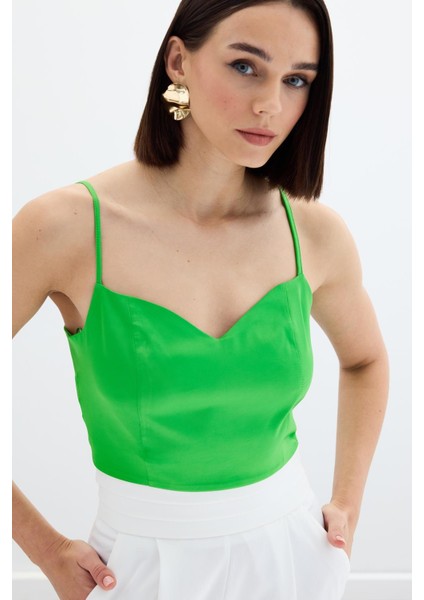 Ip Askılı Saten Crop Bluz - Açık Yeşil