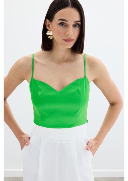 Ip Askılı Saten Crop Bluz - Açık Yeşil modelleri