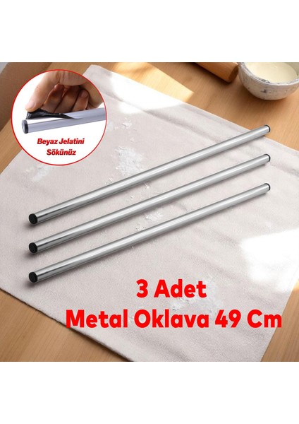 Yuvarlak Silindir Alüminyum Metal Oklava 49 cm Mutfak Börek Hamur Un Yufka Açma Krom Renk (3 Adet)