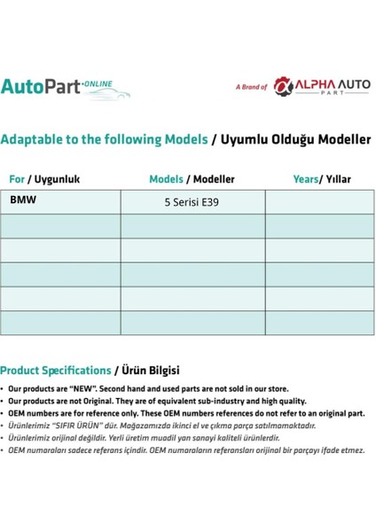 BMW 5 Serisi E39 için Cam Kriko Köşe Makarası modelleri