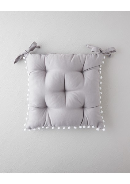 Puff Ponponlu Tekli Sandalye Minderi 40X40 cm Açık Gri