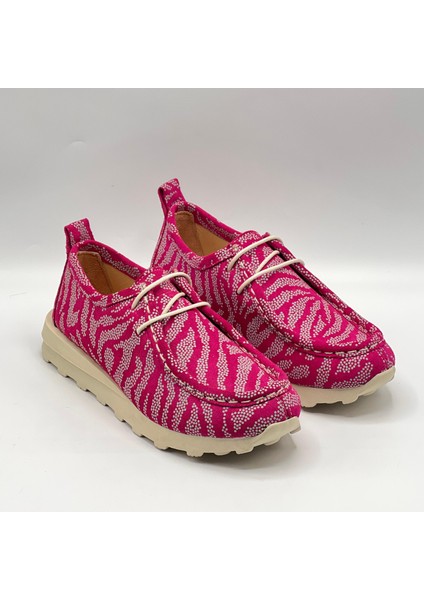 Monica Fuşya-Beyaz Desenli Süet Loafer – Hakiki Deri & 3 cm Termolight Taban fiyatları