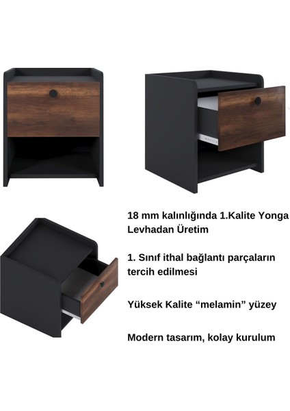 Rava Tek Çekmeceli Raflı Komodin Barok Antrasit