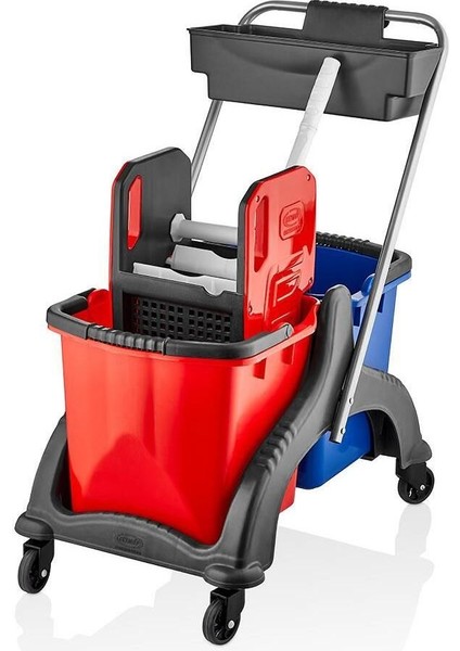 Çift Kovalı Temizlik Seti, Plastik Kat Arabası, Kırmızı, Dayanıklı ve Pratik Tasarım