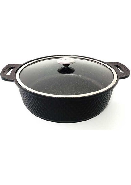 Trıana - 3631 - 2 Parça Biogranit Döküm, Ağır Üstün Kaliteli ve Şık Tasarımlı, 28 cm - 4,3 Litre, Karnıyarık, Pilav Tenceresi Siyah Gövde, Platin Detay
