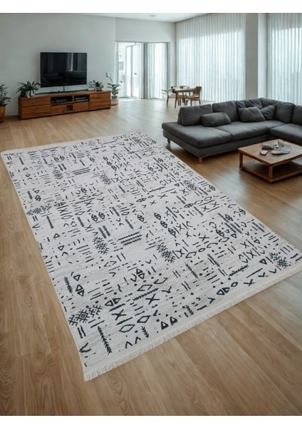 Iskandinav Saçaklı Kabartmalı Krem Kaymaz Taban Yıkanabilir Kesme Yolluk Halı