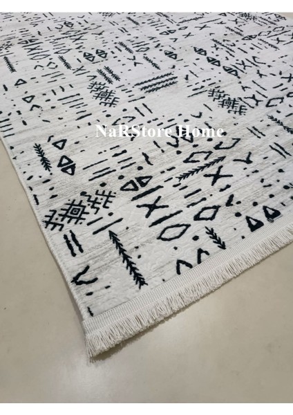 Iskandinav Saçaklı Kabartmalı Krem Kaymaz Taban Yıkanabilir Kesme Yolluk Halı