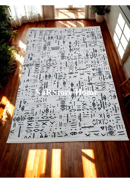 Iskandinav Saçaklı Kabartmalı Krem Kaymaz Taban Yıkanabilir Kesme Yolluk Halı