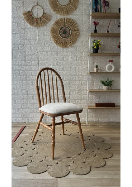 Concept Motifli Ada Sandalye Teddy Krem Kumaş Naturel Ahşap Sandalye Mutfak Sandalyesi