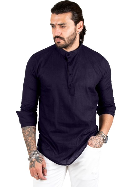 Yarım Düğmeli Hakim Yaka Flamlı Keten Gömlek 2201914