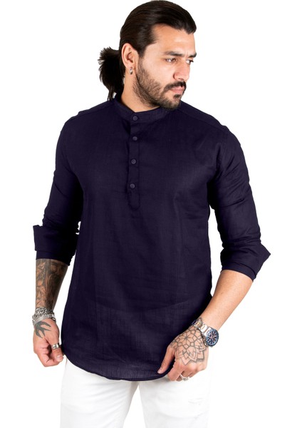 Yarım Düğmeli Hakim Yaka Flamlı Keten Gömlek 2201914 fiyatları