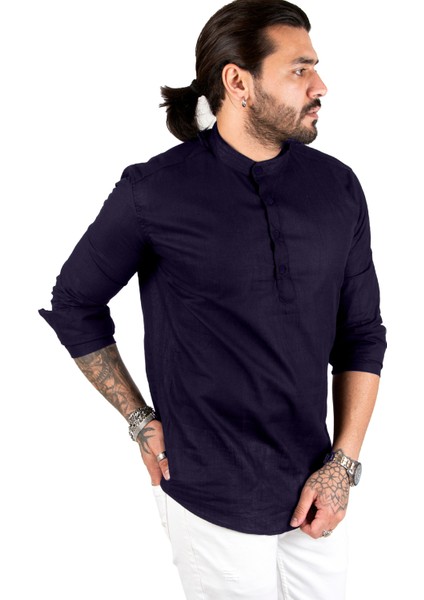 Yarım Düğmeli Hakim Yaka Flamlı Keten Gömlek 2201914 fırsatları