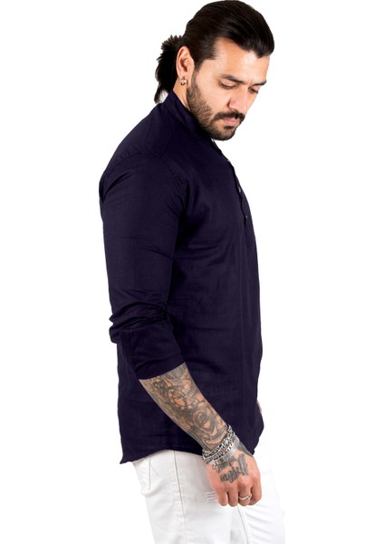 Yarım Düğmeli Hakim Yaka Flamlı Keten Gömlek 2201914 indirimleri