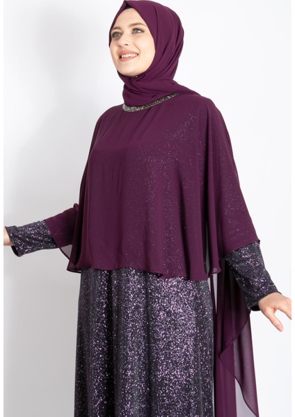 Pelerinli Simli Abiye Mürdüm MDA2216 modelleri