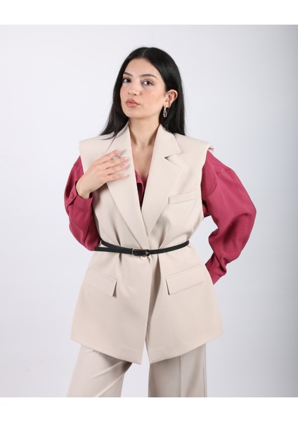 Bej Vatkalı Kemerli Oversize Yelek
