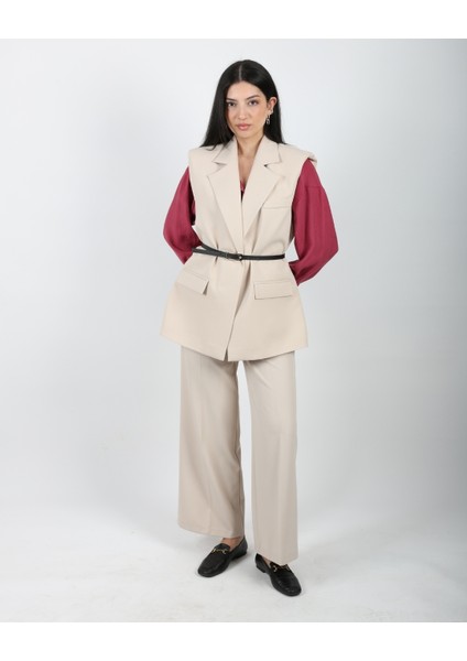 Bej Vatkalı Kemerli Oversize Yelek fiyatları