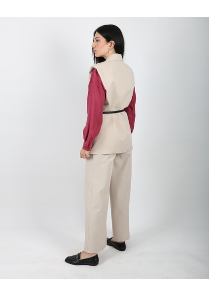 Bej Vatkalı Kemerli Oversize Yelek indirimleri