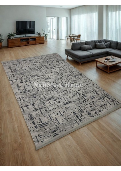 Iskandinav Kabartmalı Saçaklı Gri Kaymaz Taban Yıkanabilir Kesme Yolluk Halı