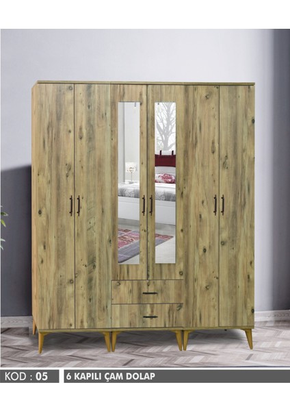 Maye 6 Kapılı Çam Aynalı Dolap
